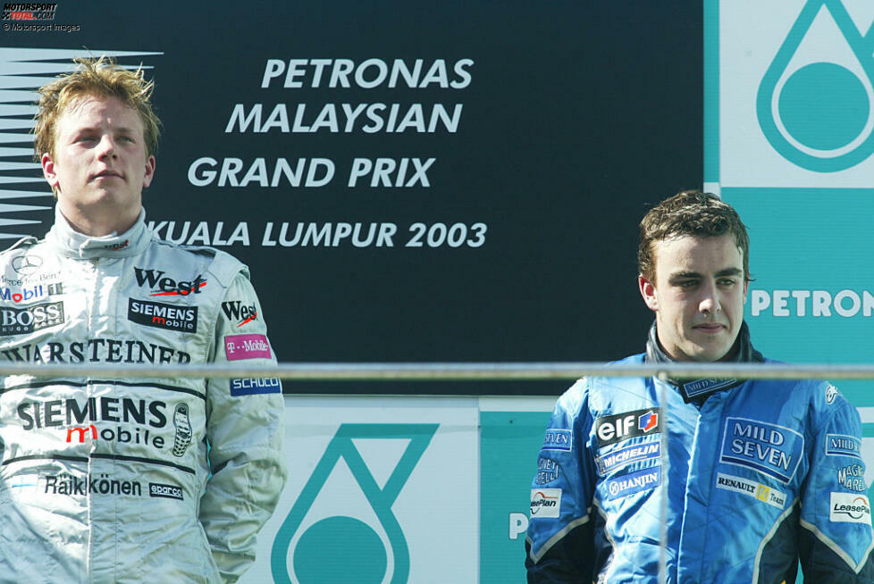 #8 Fernando Alonso (21 Jahre, 7 Monate, 23 Tage) - Ein besonderes Podium gibt es 2003 in Malaysia: Es ist nicht nur der Tag, an dem Fernando Alonso für Renault sein erstes Podium holt, es ist gleichzeitig auch der erste Formel-1-Sieg für Kimi Räikkönen. Und: Alonso war das Rennen zum ersten Mal von Pole aus angegangen.