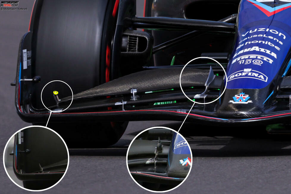 Williams nahm in Silverstone umfassende Änderungen am FW44 vor, darunter auch am Frontflügel. Die Änderungen betrafen die Einstellvorrichtung und den Drehpunkt der Flaps. Sie wurden ausgetauscht, um die Entwicklung der Oberflächen um sie herum zu ermöglichen und das Strömungs-Management zu verbessern.