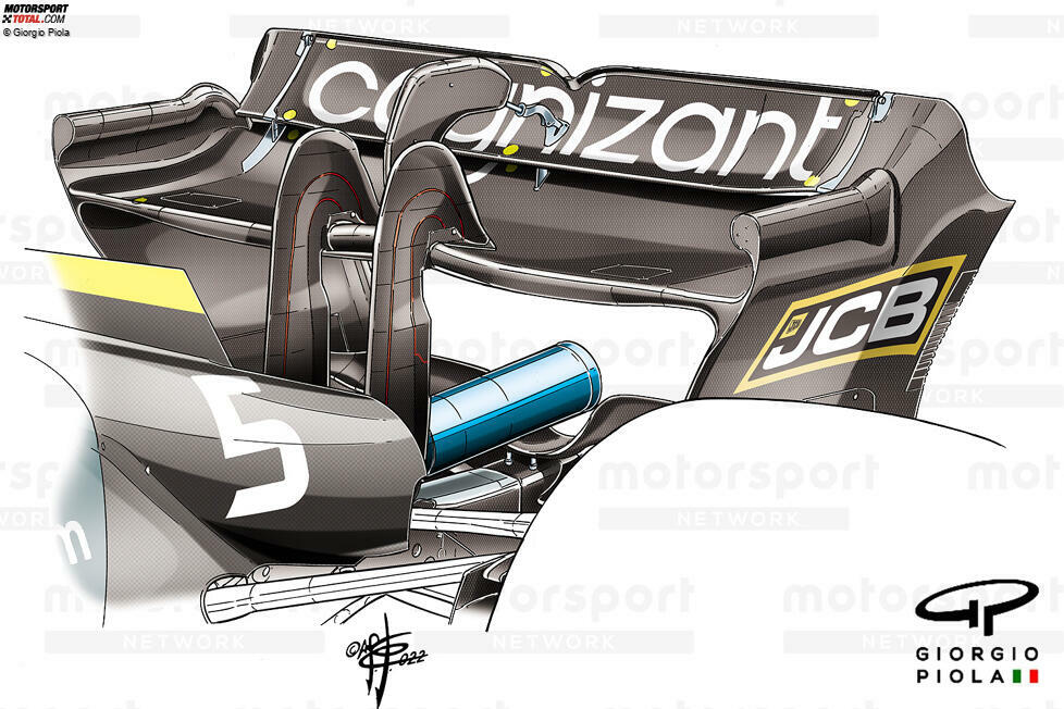 Aston Martin gewann den Preis für das kreativste Heckflügeldesign 2022 mit seiner gerollten Endplatten-Verlängerung, die die FIA-Vorschriften umgeht und eine unechte Endplatte über der Hauptebene schafft. Niemand sonst folgte dieser Lösung, die von der FIA für 2023 ohnehin verboten wurde.