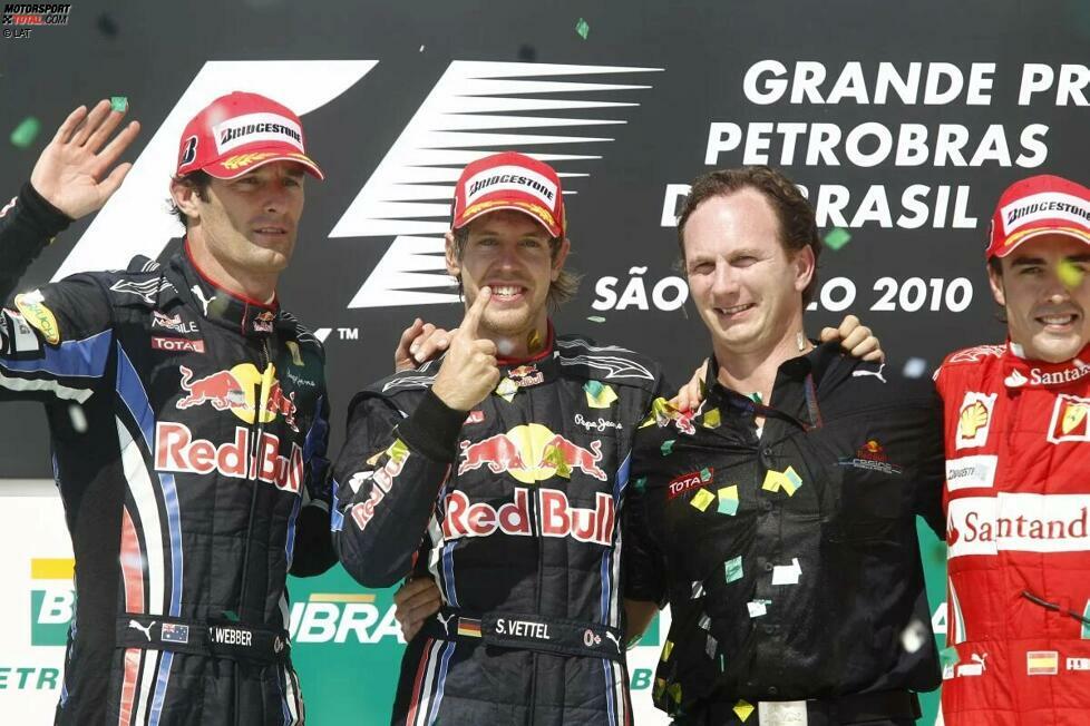Sieg #14 (Sebastian Vettel - Brasilien 2010): 2009 verpasst Red Bull beide WM-Titel noch an Brawn, ein Jahr später klappt es dann. Mit einem Doppelsieg beim vorletzten Rennen in Brasilien fahren Vettel und Webber in der Konstrukteurs-WM den ersten Titel für die Bullen ein. Und beim Finale in Abu Dhabi kommt es sogar noch besser ...