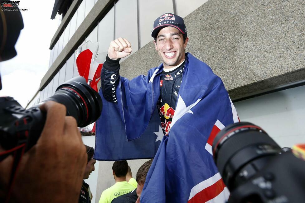 Sieg #48 (Daniel Ricciardo - Kanada 2014): 2014 beginnt eine neue Zeitrechnung in der Formel 1. Die Hybridära beendet die WM-Serie von Red Bull und leitet den Aufstieg von Mercedes ein. Erst beim siebten Saisonrennen in Kanada feiern die Bullen ihren ersten Hybridsieg. Zudem ist es Daniel Ricciardos erster Sieg für Red Bull.