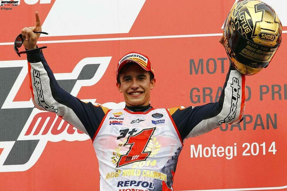 In seiner zweiten MotoGP-Saison 2014 dominiert Marc Marquez die Königsklasse. Er gewinnt jedes der ersten zehn Rennen. Auch wenn es in der zweiten Saisonhälfte ein paar Ausreißer nach unten gibt, kann er den Titel in Motegi - drei Rennen vor Saisonende - fix machen.

WM-Endstand: Marquez 362, Rossi 295, Lorenzo 263