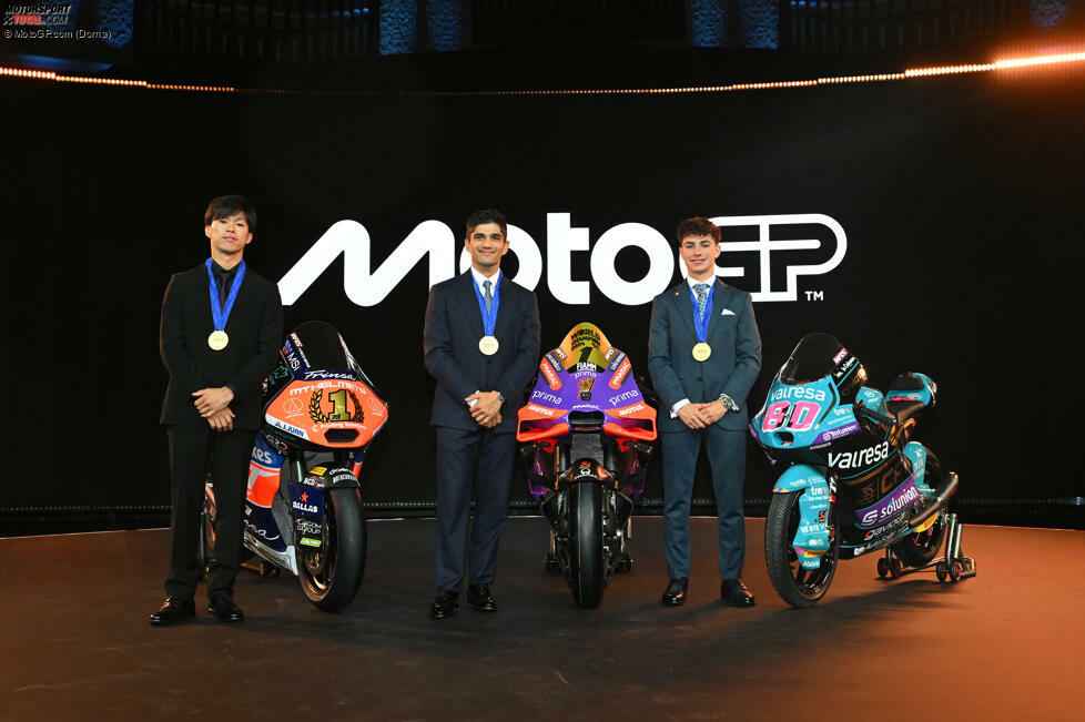 Die Weltmeister 2024: Ai Ogura (Moto2), Jorge Martin (MotoGP) und David Alonso (Moto3).