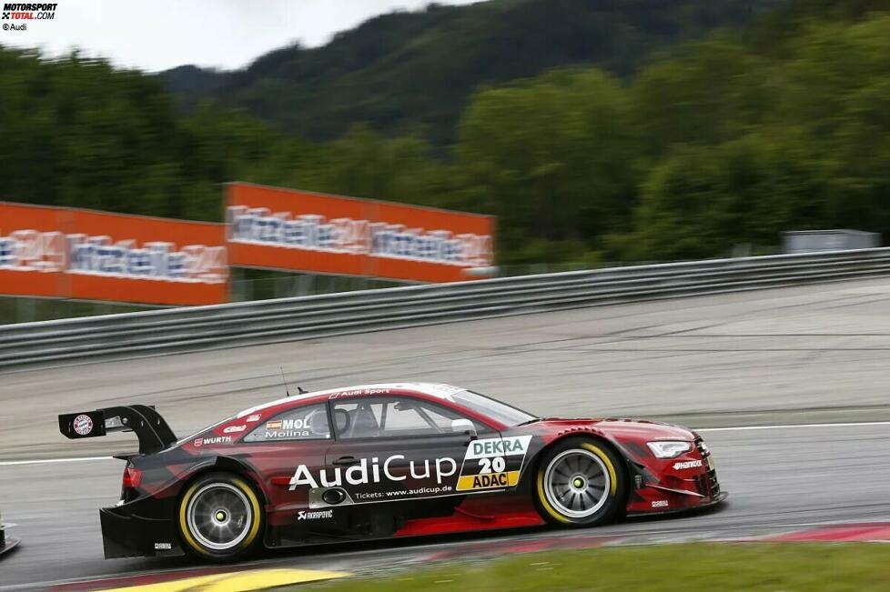 ... für den Audi-Cup geworben, wie auf der Tür des RS 5 DTM deutlich wird. Dabei handelt es sich um ein zwischen 2009 und 2019 ausgetragenes Fußballturnier der Audi AG in der Allianz Arena in München mit internationalen Topklubs. Ferraris frischgebackener Le-Mans-Sieger Molina wird mit dem Design übrigens 14.