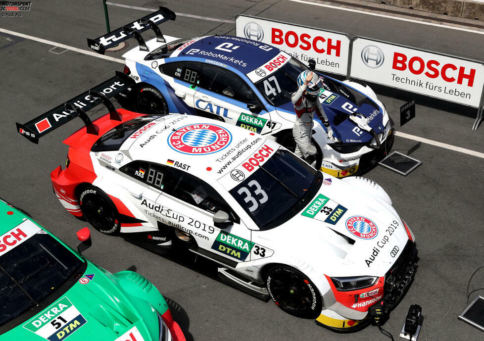 Rene Rast (Rosberg-Audi) - FC Bayern München: Audi wirbt 2019 am Norisring-Wochenende für den Audi-Cup mit Bayern-München-Logos, denn die Ingolstädter sind Großaktionär beim deutschen Rekordmeister. Die Folge ist ein Shitstorm wegen der Rivalität mit dem 1. FC Nürnberg. Rast, der selbst kein großer Fußball-Fan ist, gewinnt trotzdem.
