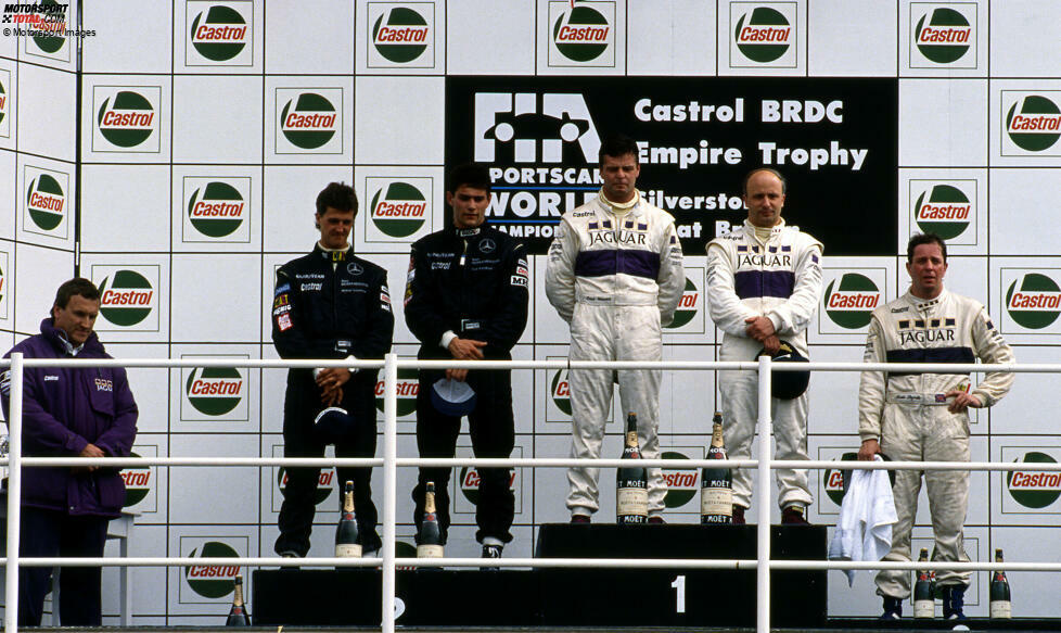 Sportwagen-WM in Silverstone 1991: Derek Warwick und Teo Fabi gewinnen für das Jaguar-Werksteam. Auf Platz 2: Michael Schumacher und Karl Wendlinger im Sauber-Mercedes C291. Beide Mercedes-Junioren werden noch im gleichen Jahr in die Formel 1 aufsteigen.