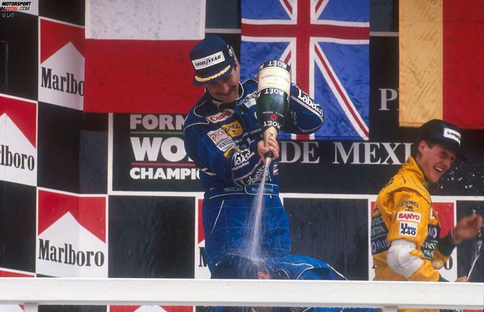 Nigel Mansell (1992): Zieht der Brite 1991 im WM-Kampf noch den Kürzeren gegen Senna, startet er ein Jahr später sogar noch besser als der Brasilianer: Mit gleich fünf Siegen zu Beginn der Saison stellt er eine Bestmarke auf, die bis heute niemand übertreffen kann.