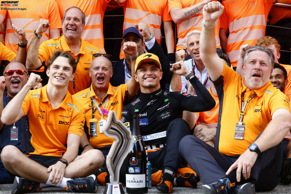 7. Imola: Lando Norris macht das Triple perfekt und feiert seinen dritten Sieg in Folge. Für die WM-Führung reicht das aber nicht, weil Leclerc mit Platz zwei dran bleibt und Perez trotz Platz sieben noch von seinem Vorsprung zehrt. Stand: 1. Perez (138), 2. Leclerc (134), 3. Norris (122), 4. Sainz (108), 5. Piastri (67).