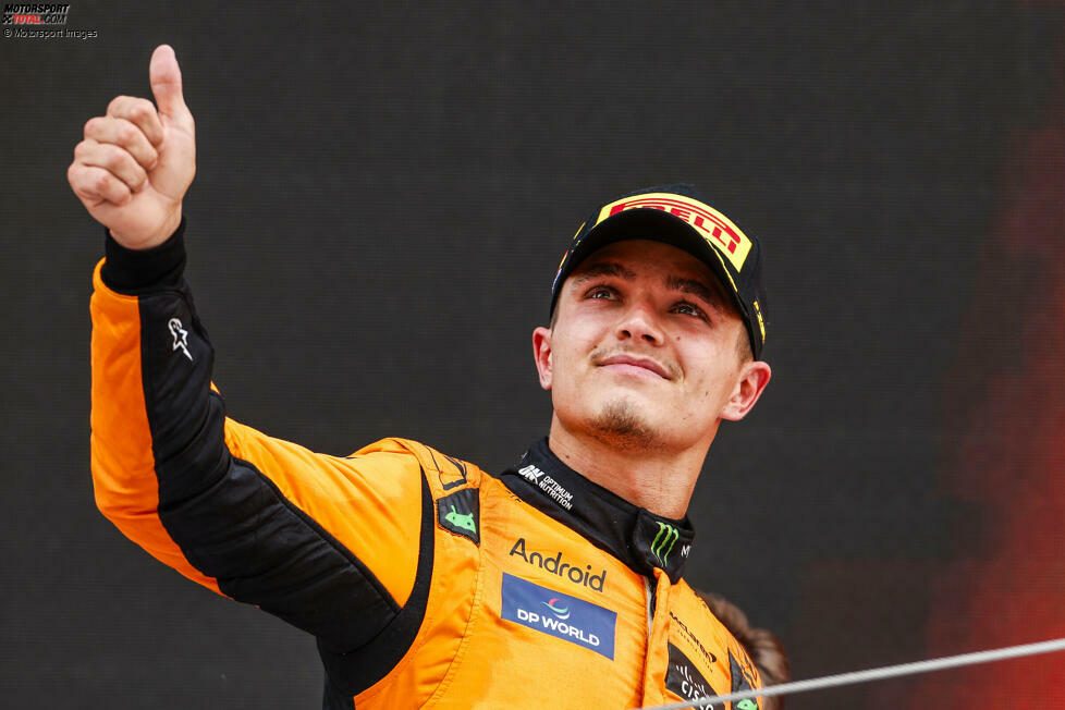 10. Spanien: Auch ohne Verstappen gibt es einen Dominator: Norris feiert in Barcelona den fünften Sieg innerhalb von sechs Rennen und baut seinen Vorsprung auf Leclerc aus, der Vierter wird. Neben ihm stehen beide Mercedes auf dem Podest. Stand: 1. Norris (185), 2. Leclerc (171), 3. Perez (144), 4. Sainz (133), 5. Piastri (105).