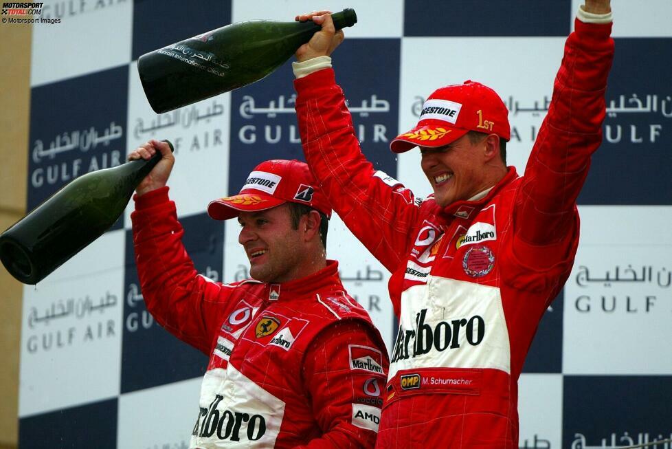 85 Doppelsiege: Ferrari - Schon 1951 ist Ferrari erstmals mit zwei Autos vorne und erzielt über die Jahre am meisten Doppelsiege in der Formel 1. Am erfolgreichsten sind Michael Schumacher und Rubens Barrichello von 2000 bis 2005 mit 24 mal P1 und P2 für Ferrari.