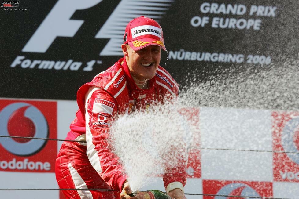 ... ist noch weitaus besser: Zwischen 1995 und 2006 siegt Schumacher weitere fünfmal auf dem Nürburgring. Aber das ist streng genommen kein Heimrennen, weil die Veranstaltung bei Schumachers Siegen immer als 