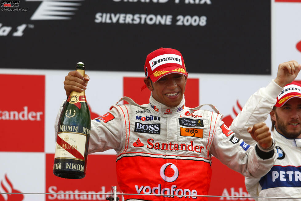 #1: Lewis Hamilton (Großbritannien) - 9 Heimsiege in Silverstone. Mit dieser Bilanz ist Hamilton Rekordhalter in der Formel 1. Den Grundstein dafür legt er bereits in seiner ersten WM-Saison 2008, als er im strömenden Regen für McLaren erstmals in Silverstone gewinnt (Foto), und ...