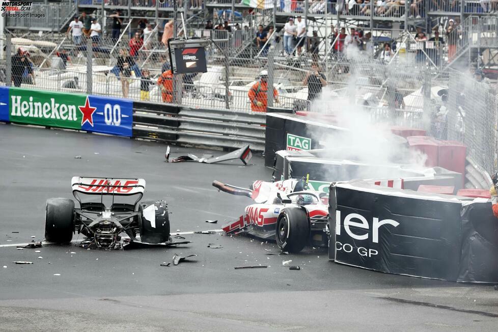 8. Monaco 2022: Mit einem heftigen Abflug im Schwimmbad sorgt Mick Schumacher für eine längere Unterbrechung. Der Haas-Pilot fliegt in der schnellen Schikane ab, bevor sein Bolide anschließend in der Mitte auseinanderbricht.