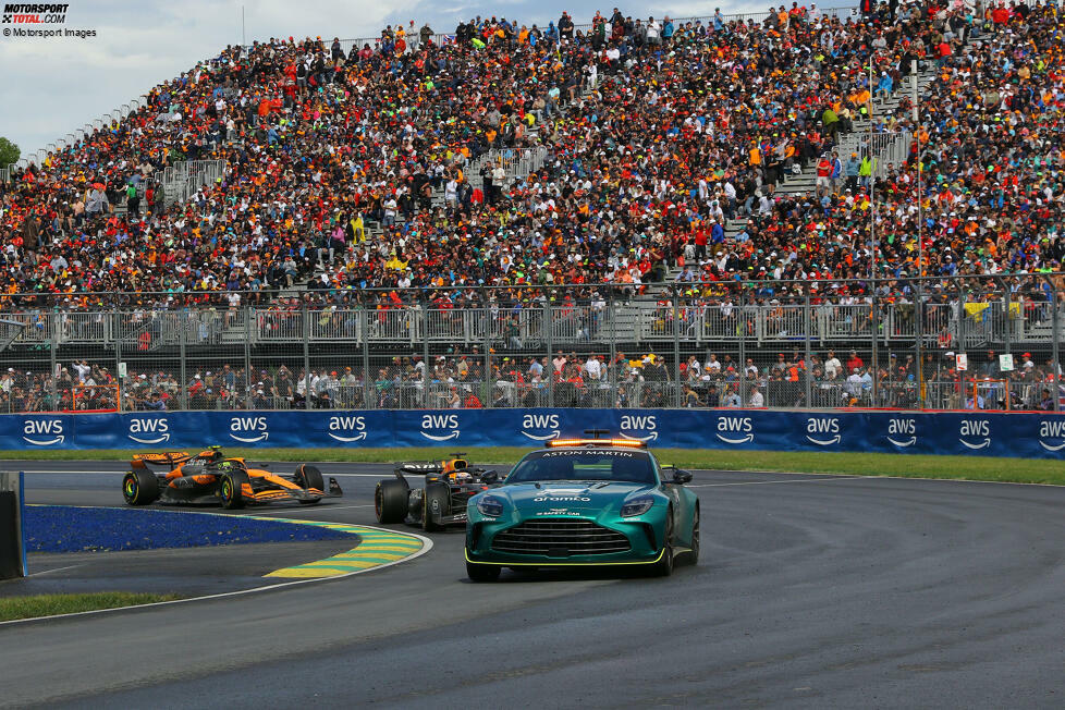 Kanada: Norris ist klar der schnellste Mann und hat auf abtrocknender Strecke bereits einen guten Vorsprung, als das Safety-Car herauskommt. McLaren reagiert nicht schnell genug und holt ihn eine Runde zu spät zum Wechsel auf frische Intermediates. So kommen Max Verstappen und George Russell vorbei.