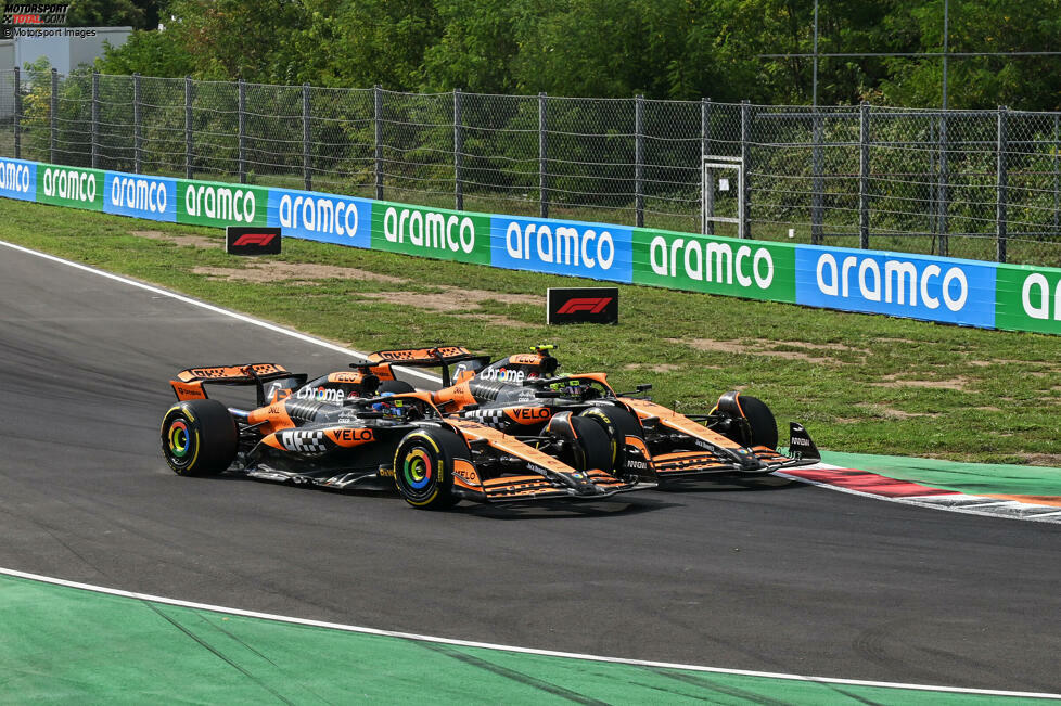 Italien: Eigentlich sieht alles nach einem Doppelsieg aus. Beide Fahrer starten aus der ersten Reihe, sind sich aber in der ersten Rudne nicht einig. Nutznießer ist Charles Leclerc, der Norris überholt und sich zwischen die McLaren schiebt. Doch das entscheidet den Sieg nicht.