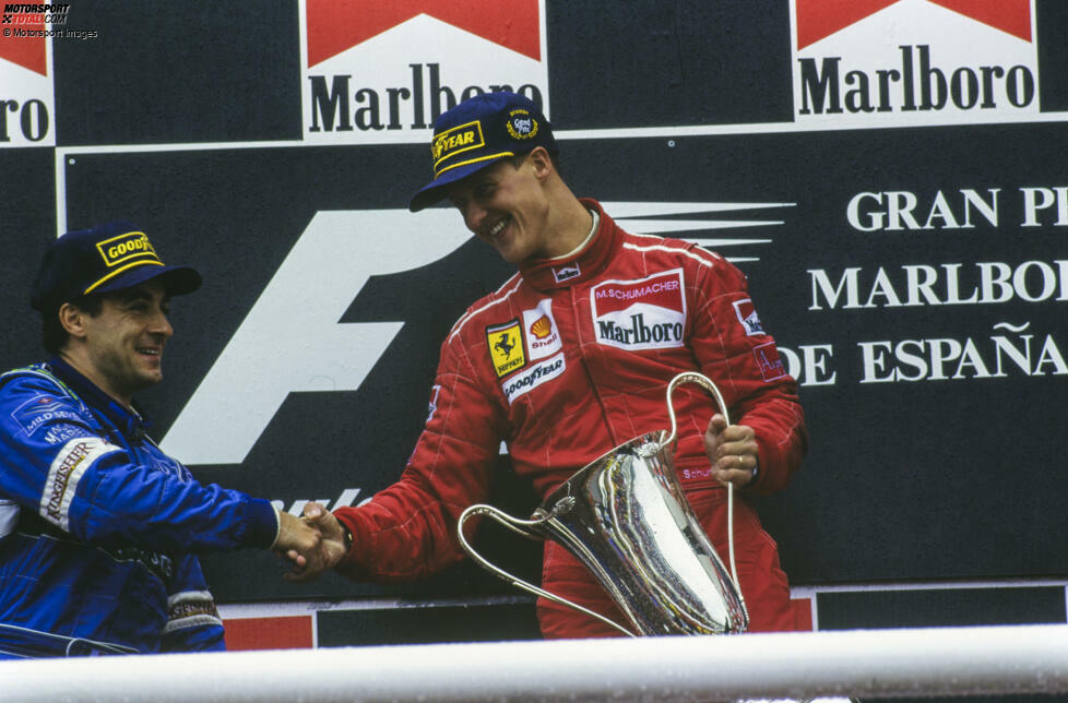 6 Siege: Michael Schumacher in Barcelona. Vor allem 1996 sticht aus dieser Siegbilanz heraus, denn Schumacher gelingt im strömenden Regen ein Sensationssieg - es ist sein erster Grand-Prix-Erfolg für Ferrari.
