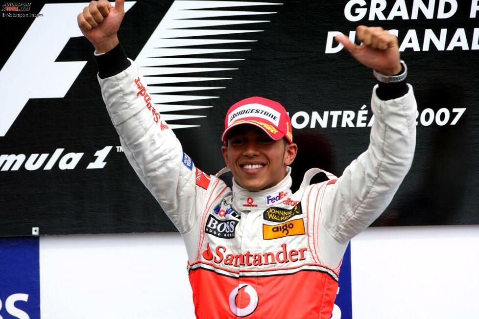 7 Siege: Lewis Hamilton in Montreal. Der Kanada-Grand-Prix hat einen speziellen Stellenwert in der Karriere von Hamilton, denn dort erzielt er 2007 (Foto) seinen ersten Formel-1-Sieg auf McLaren.