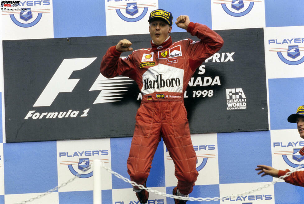 7 Siege: Michael Schumacher in Montreal. Ein Regenrennen beschert ihm 1998 (Foto) den dritten Kanada-Sieg, aber von 2000 bis 2004 folgen noch vier weitere für Schumacher im Ferrari.