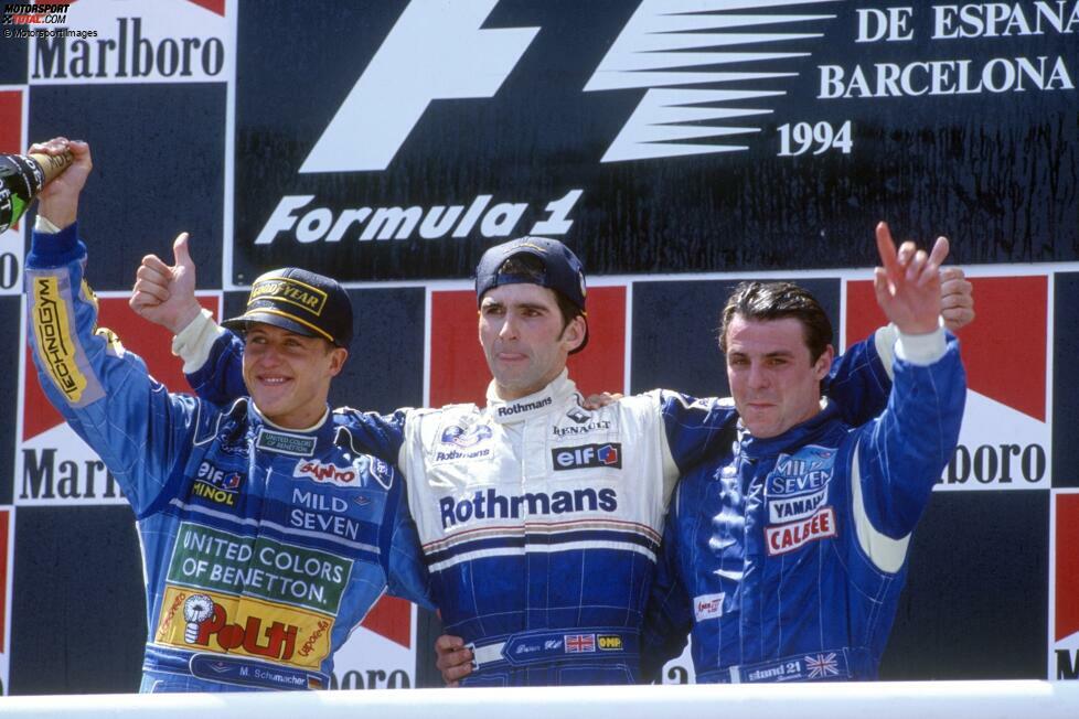 Barcelona (Spanien): Die Siegesserie von Schumacher reißt, weil das Getriebe seines Benetton im Rennen lange im fünften Gang feststeckt. 