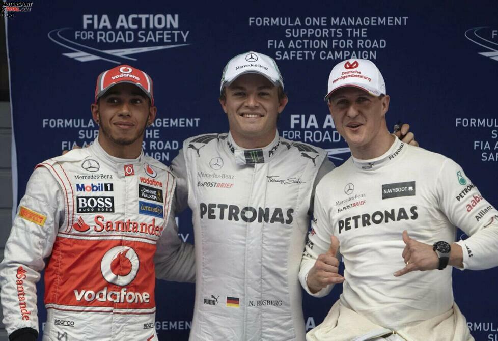 Schumacher startet auch ein Rennen später in China von Rang drei, doch es ist Nico Rosberg, der die erste Pole der modernen Mercedes-Ära holt. Einen Tag später sollte Rosberg in Schanghai auch seinen ersten Formel-1-Sieg holen - und natürlich auch den ersten von Mercedes.