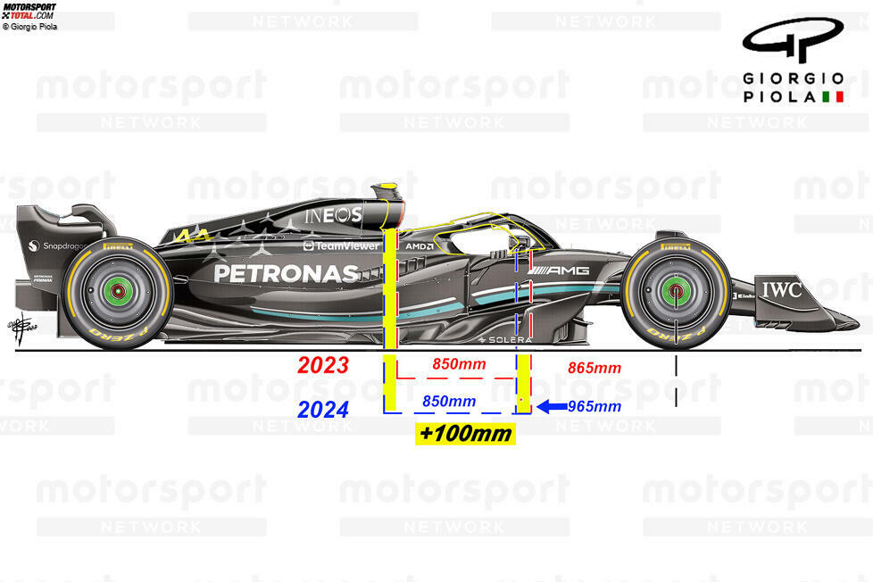 Mercedes: Lewis Hamilton hat die Sitzposition im W14 von 2023 kritisiert, nun ist das Cockpit im W15 weiter hinten angesetzt. Der Fahrer sitzt damit weiter von der Vorderachse entfernt. Der Unterschied zum Vorjahr: zehn Zentimeter.