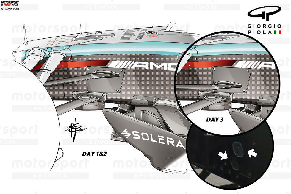 Mercedes: Der verstellbare hintere obere Querlenker an der Vorderachse gibt dem Team mehr Set-up-Möglichkeiten und dient zugleich der aerodynamischen Optimierung. Das Bild unten zeigt die beiden Anknüpfungspunkte am Chassis.