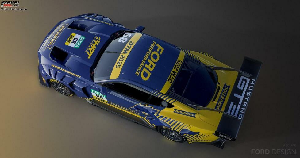 Werksunterstützung: Das Design weist zahlreiche Hinweise auf die enge Zusammenarbeit mit dem Werk auf. Auf dem Dach des Mustang prangt der Schriftzug Ford Performance, auch auf der Motorhaube und an der Tür ist der Schriftzug der US-Marke zu sehen.