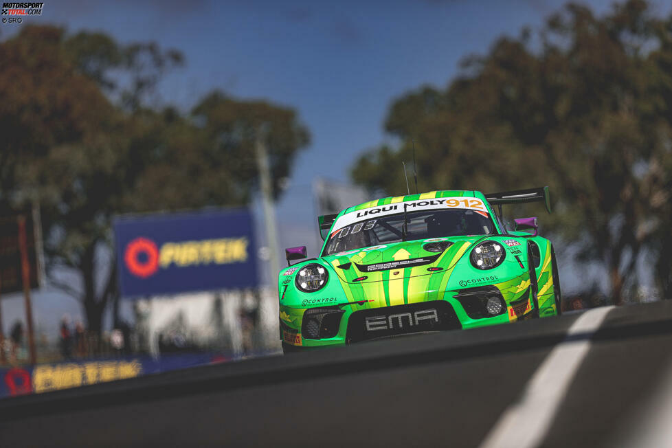 Nicht Grello, aber Greeno: Bei den 12h Bathurst 2023 erreicht der Manthey-Porsche #912 mit Matt Campbell, Mathieu Jaminet und Thomas Preining einen zweiten Gesamtrang.