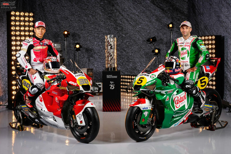 LCR-Honda (Takaaki Nakagami und Johann Zarco): Retro-Design in Erinnerung an den historischen Look der Marken Idemitsu und Castrol, die beiden Hauptsponsoren des Teams.