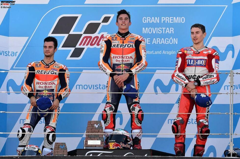 2017: 1. Marc Marquez (Honda), 2. Dani Pedrosa (Honda), 3. Jorge Lorenzo (Ducati)