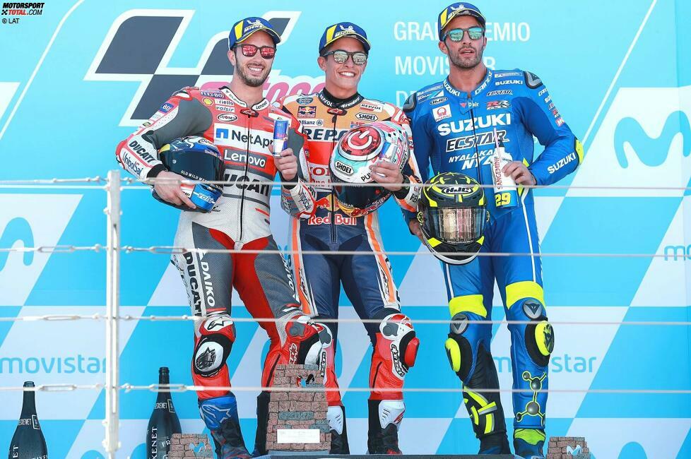 2018: 1. Marc Marquez (Honda), 2. Andrea Dovizioso (Ducati), 3. Andrea Iannone (Suzuki)