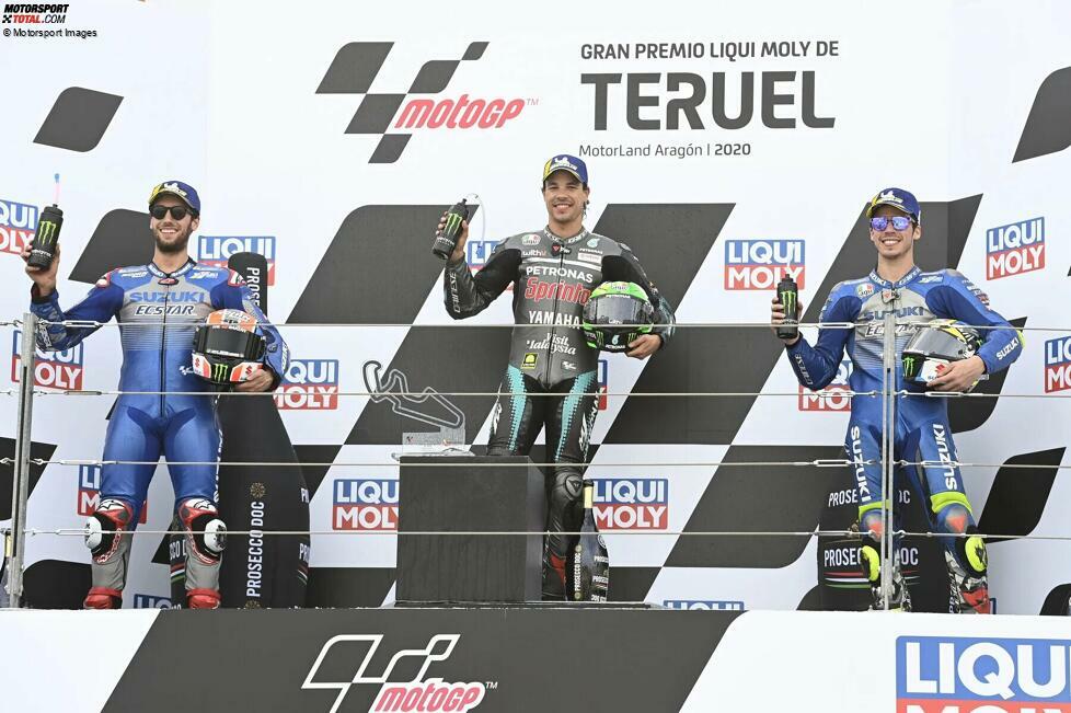 2020 (Alcaniz 2): 1. Franco Morbidelli (Petronas-Yamaha), 2. Alex Rins (Suzuki), 3. Joan Mir (Suzuki)