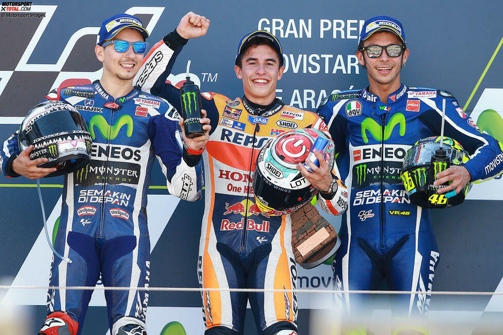 2016: 1. Marc Marquez (Honda), 2. Jorge Lorenzo (Yamaha), 3. Valentino Rossi (Yamaha)