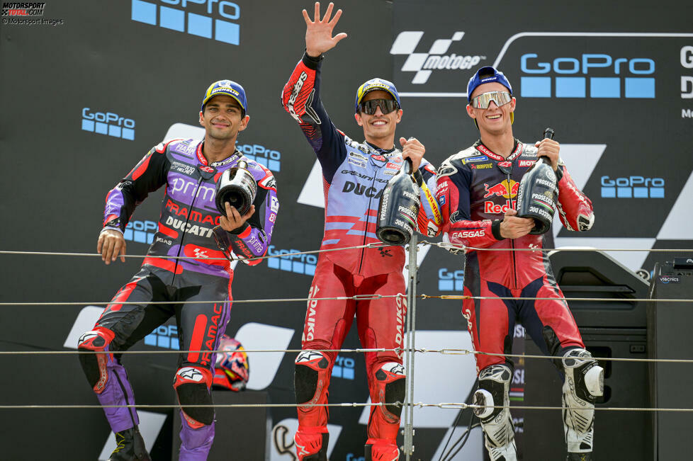 2024: 1. Marc Marquez (Gresini-Ducati), 2. Jorge Martin (Pramac-Ducati), 3. Pedro Acosta (Tech3-GasGas)