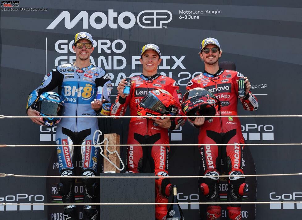 2025: 1. Marc Marquez (Ducati), 2. Alex Marquez (Gresini-Ducati), 3. Francesco Bagnaia (Ducati)
