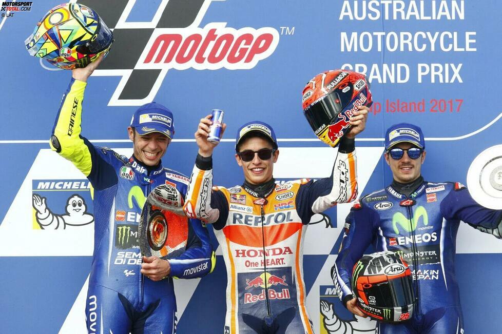 2017: 1. Marc Marquez (Honda), 2. Valentino Rossi (Yamaha), 3. Maverick Vinales (Yamaha)