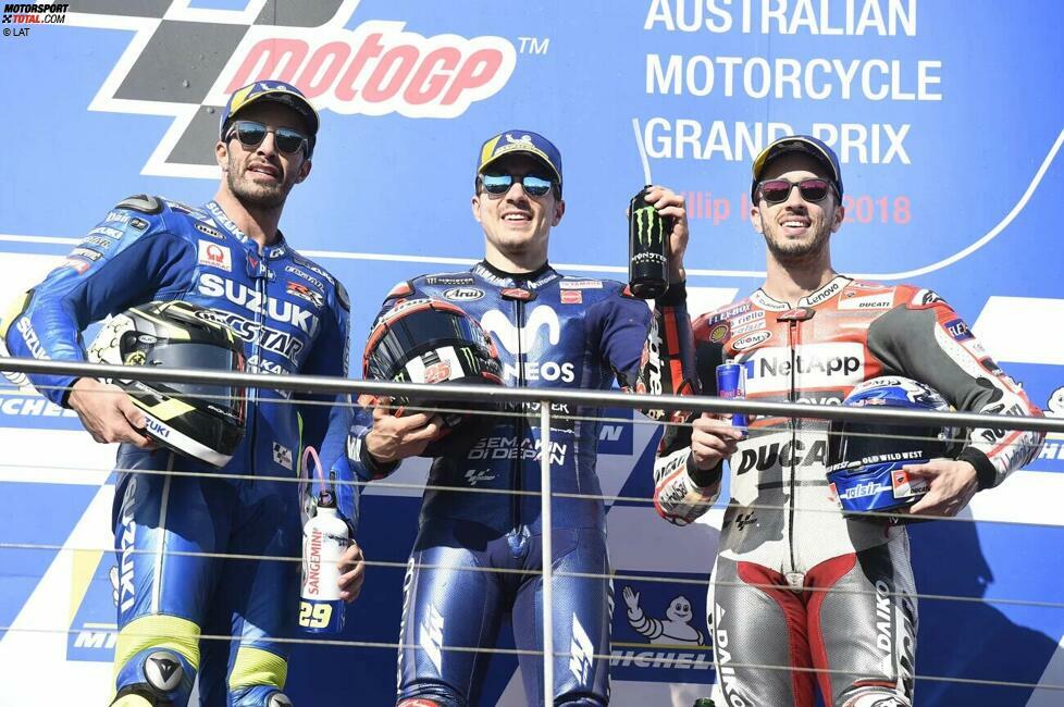 2018: 1. Maverick Vinales (Yamaha), 2. Andrea Iannone (Suzuki), 3. Andrea Dovizioso (Ducati)