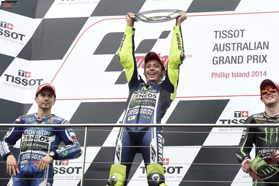 2014: 1. Valentino Rossi (Yamaha), 2. Jorge Lorenzo (Yamaha), 3. Bradley Smith (Tech3-Yamaha)