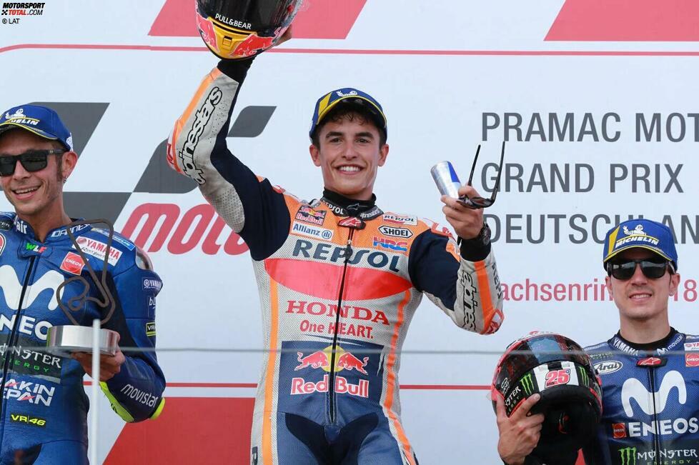 2018: 1. Marc Marquez (Honda), 2. Valentino Rossi (Yamaha), 3. Maverick Vinales (Yamaha)