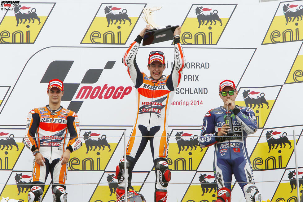 2014: 1. Marc Marquez (Honda), 2. Dani Pedrosa (Honda), 3. Jorge Lorenzo (Yamaha)