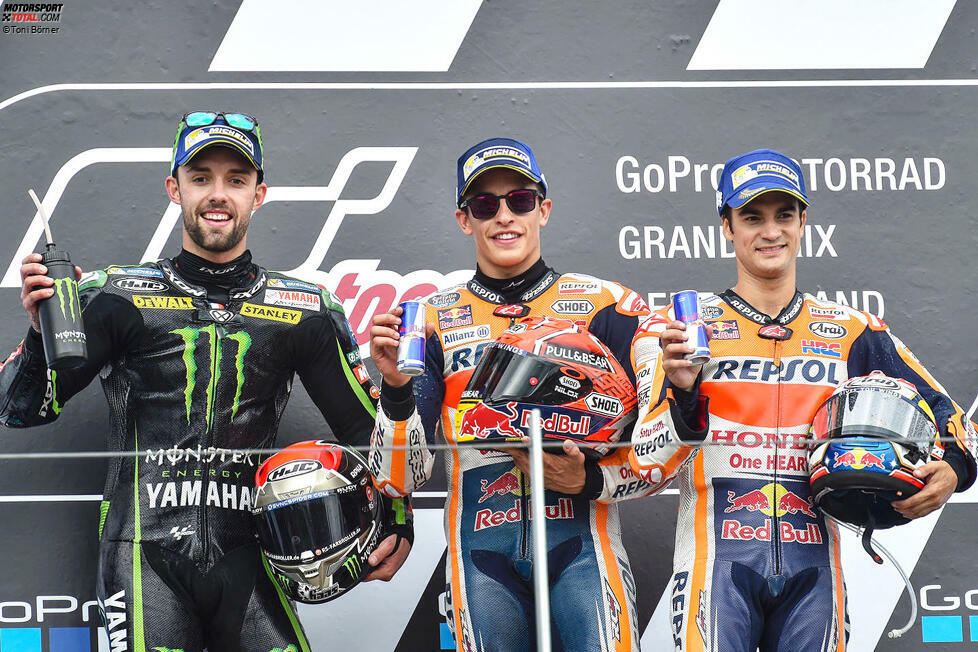 2017: 1. Marc Marquez (Honda), 2. Jonas Folger (Tech3-Yamaha), 3. Dani Pedrosa (Honda)