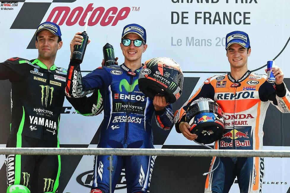 2017: 1. Maverick Vinales (Yamaha), 2. Johann Zarco (Tech3-Yamaha), 3. Dani Pedrosa (Honda)