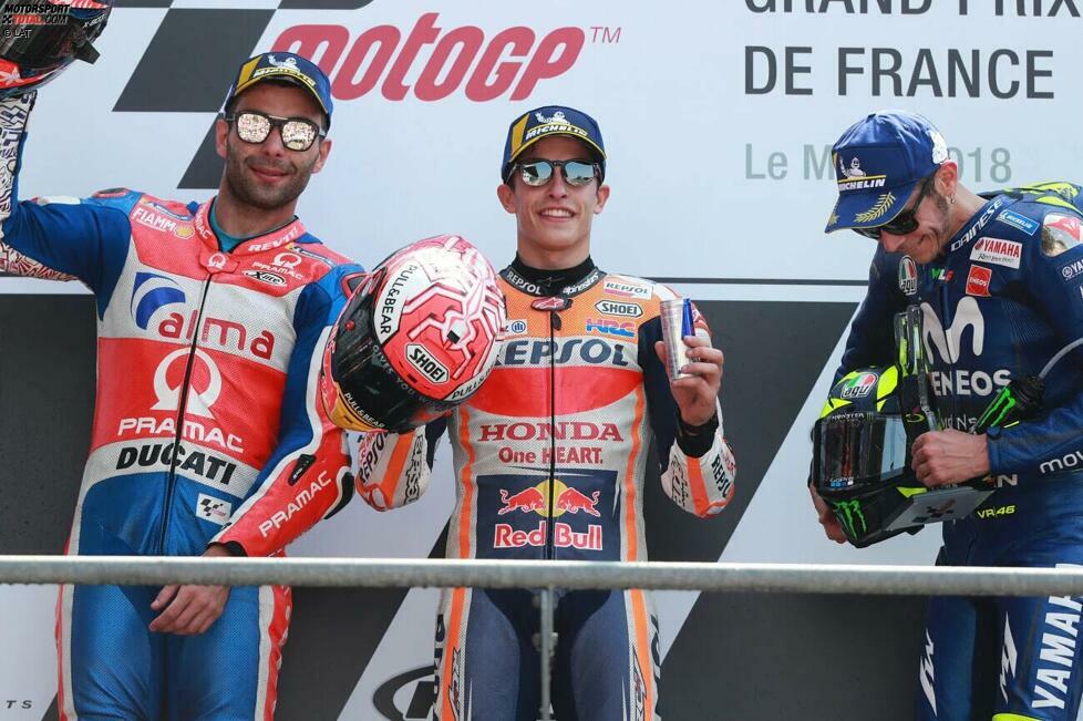 2018: 1. Marc Marquez (Honda), 2. Danilo Petrucci (Pramac-Ducati), 3. Valentino Rossi (Yamaha)