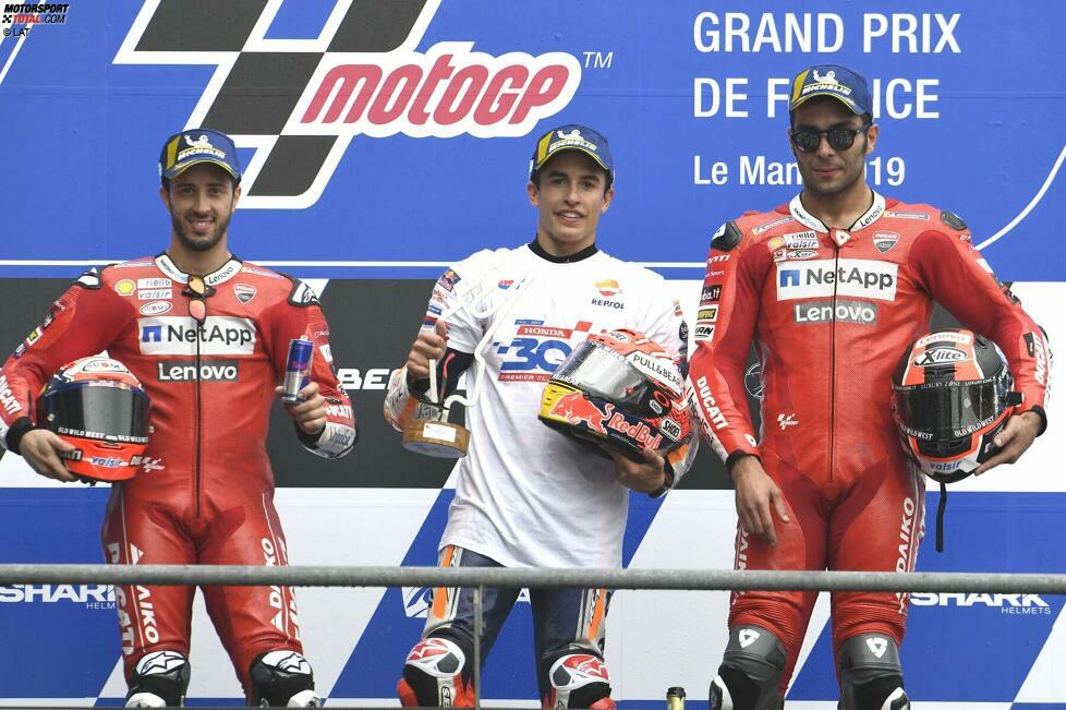 2019: 1. Marc Marquez (Honda), 2. Andrea Dovizioso (Ducati), 3. Danilo Petrucci (Ducati)