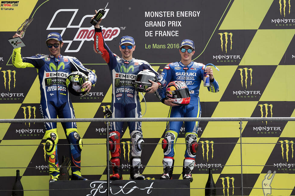 2016: 1. Jorge Lorenzo (Yamaha), 2. Valentino Rossi (Yamaha), 3. Maverick Vinales (Suzuki)