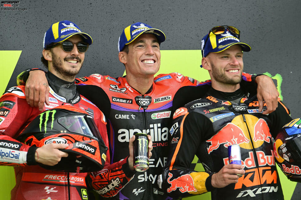 2023: 1. Aleix Espargaro (Aprilia), 2. Francesco Bagnaia (Ducati), 3. Brad Binder (KTM)