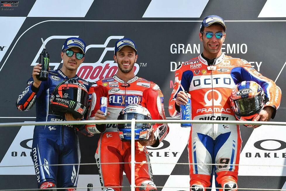 2017: 1. Andrea Dovizioso (Ducati), 2. Maverick Vinales (Yamaha), 3. Danilo Petrucci (Pramac-Ducati)
