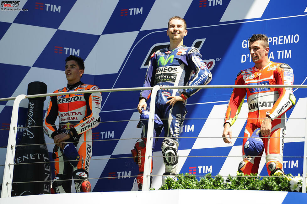 2016: 1. Jorge Lorenzo (Yamaha), 2. Marc Marquez (Honda), 3. Andrea Iannone (Ducati)