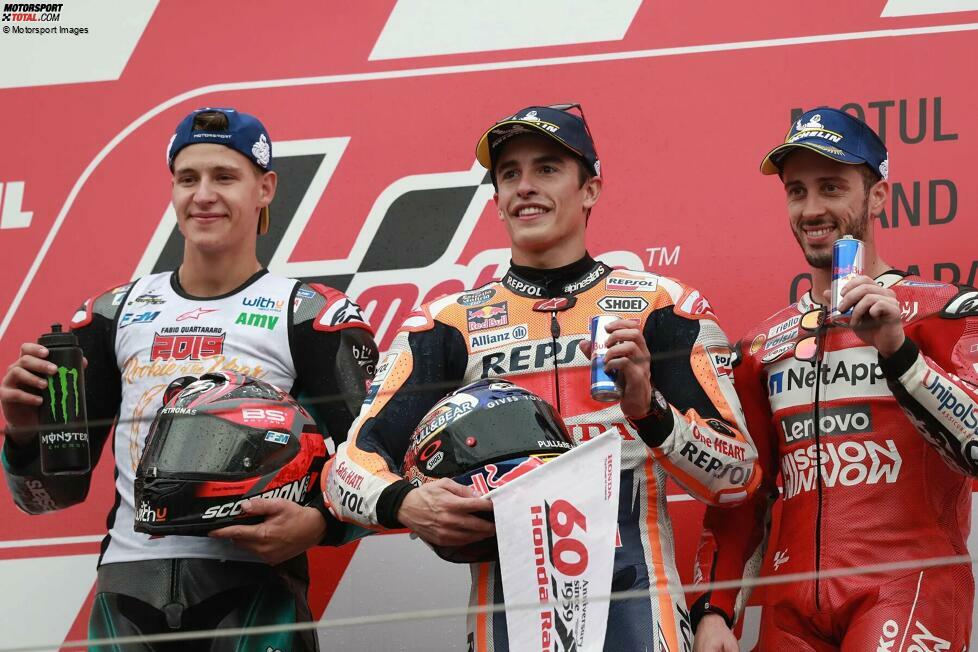 2019: 1. Marc Marquez (Honda), 2. Fabio Quartararo (Petronas-Yamaha), 3. Andrea Dovizioso (Ducati)