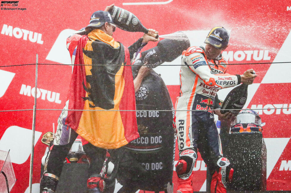 2023: 1. Jorge Martin (Pramac-Ducati), 2. Francesco Bagnaia (Ducati; nicht im Bild), 3. Marc Marquez (Honda)